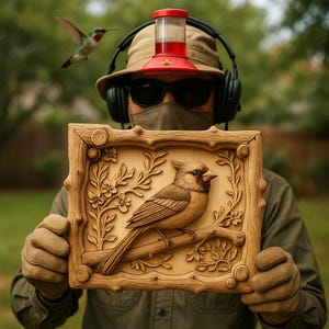 TRY ME OUT - 3D Illusion Art Kardinal mit Holzstamm - Vogel Wand Kunst Dekor | Digitale Datei | 14x12
