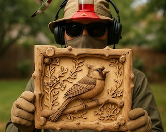 TRY ME OUT - 3D Illusion Art Cardinal with Wooden Log Frame - Bird Wall Art Decor | Digital File | 14x12