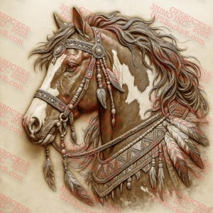 Cavalo pintado com ilusão 3D PNG – Pena tribal e tachas com miçangas – Design de gravação a laser ocidental – 14 x 14 polegadas – GF5Bucks®