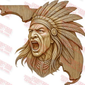 Guerrier de Floride illusion 3D PNG - Gravure laser 14 x 13,7 avec coiffe à plumes et contour de l'État - Décoration de style tribal - GF5Bucks®