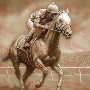 Pode incluir: Uma ilustração sépia de um cavalo e um jóquei a correr. O cavalo é castanho e branco, e o jóquei está a usar um uniforme castanho e branco. O cavalo está a correr a todo o vapor, com as pernas estendidas. O jóquei está inclinado para a frente, com os braços estendidos. O fundo é uma imagem desfocada de um hipódromo.