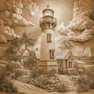 May include: A carved wooden sculpture of a lighthouse on a beach with palm trees and a sailboat in the distance. The sculpture is painted in shades of brown and beige.