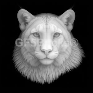 Peut inclure: Illustration en niveaux de gris d'une tête de lynx sur fond noir. L'image met en valeur les traits du visage du lynx, notamment ses yeux, son nez et sa fourrure. Le texte "GF5BRICKS®" est visible.