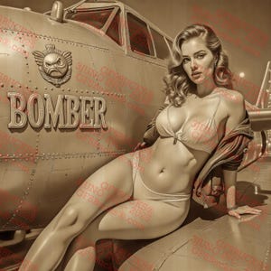 3D Illusion Bomber Girl PNG – WWII Aircraft Nose Art Engraving Design with Emblem – 14x14 – GF5Bucks®