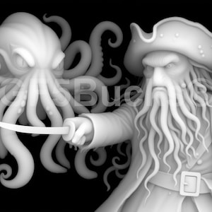 Peut inclure: Illustration en niveaux de gris d'un pirate avec une longue barbe et un chapeau tricorne, tenant une épée. Derrière lui, une pieuvre avec des yeux menaçants et des tentacules. Le fond est noir.