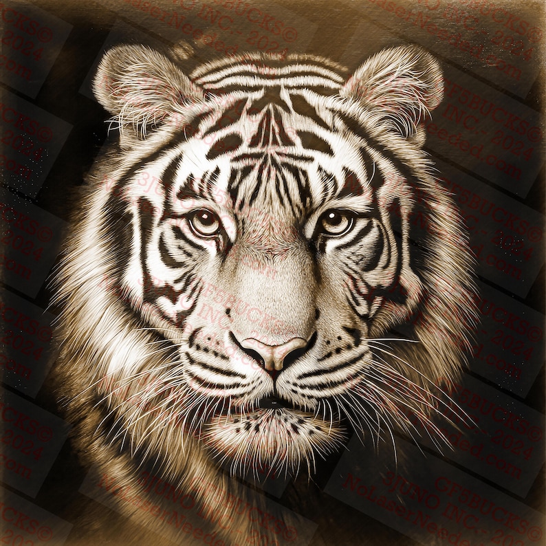 May include: A close-up portrait of a white tiger with black stripes. The tiger's face is in focus, with its eyes looking directly at the viewer. The background is a dark brown color.