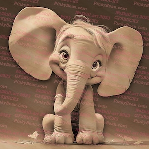 Puede incluir: Ilustraci&oacute;n digital de un elefante beb&eacute; adorable con orejas grandes, ojos grandes y una trompa. El elefante est&aacute; sentado y sonriendo. La imagen tiene un tono sepia y est&aacute; sobre un fondo de madera.