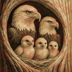Puede incluir: Ilustración digital de una familia de águilas calvas en un nido. Dos águilas adultas y tres aguiluchos anidan en el hueco de un árbol. Las águilas tienen cabezas blancas, plumas marrones y picos amarillos. El nido está hecho de ramitas.
