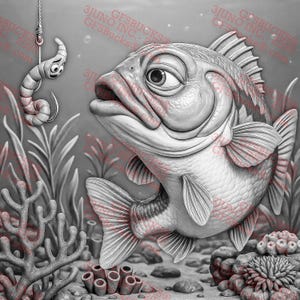 May include: A grayscale illustration of an underwater scene featuring a large fish with a surprised expression, looking at a worm on a hook. The scene includes aquatic plants, coral, and bubbles, creating a detailed, cartoonish underwater environment.