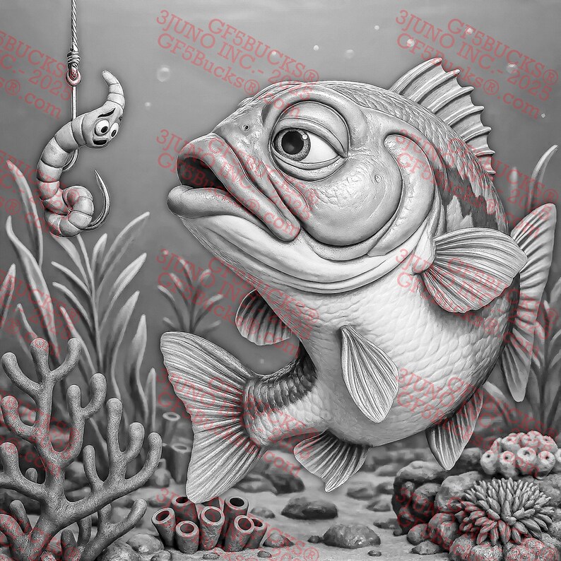 May include: A grayscale illustration of an underwater scene featuring a large fish with a surprised expression, looking at a worm on a hook. The scene includes aquatic plants, coral, and bubbles, creating a detailed, cartoonish underwater environment.