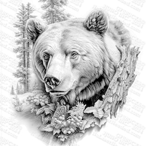 以下が含まれることがあります： 森の背景に、熊の頭部を描いた、黒と白の鉛筆画。熊は左を見て、真剣な表情をしている。絵は木の幹と葉で囲まれている。
