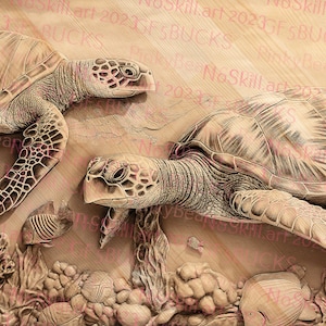 May include: A close-up of a wooden carving depicting two sea turtles swimming in a coral reef. The carving is detailed and realistic, with the turtles' scales and the coral's texture clearly visible.