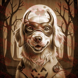 May include: A sepia-toned illustration of a smiling dog wearing a Halloween costume. The dog has a brown mask with horns and a vest with a jack-o'-lantern design. The background features a full moon and silhouettes of trees.