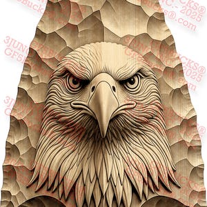 May include: A detailed, carved wooden arrowhead featuring an eagle's head. The eagle has a stern expression, with intricate feather and eye details. The arrowhead is a light brown color, with a textured surface.