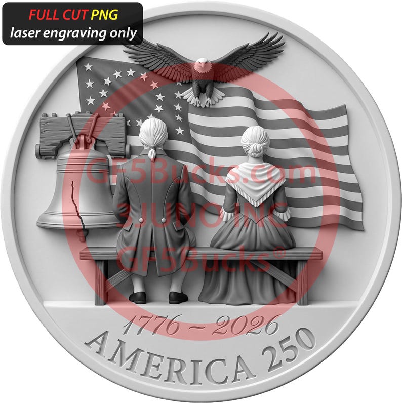May include: A detailed, circular relief carving featuring historical figures and symbols. The design includes an American flag, an eagle, the Liberty Bell, and two figures seated on a bench. The text reads "1776-2026 AMERICA 250" and "FULL CUT PNG laser engraving only".