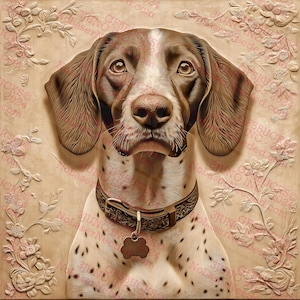 May include: A detailed wooden carving of a dog's head and upper body, featuring brown and white fur, a collar, and a tag. The background is adorned with floral relief carvings. The dog's expression is serious.