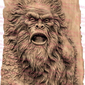May include: A detailed wooden carving of a large, hairy creature with a wide open mouth, showing its teeth. The carving is on a wooden background.