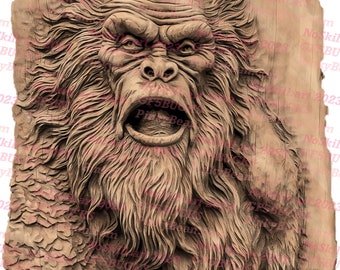 May include: A detailed wooden carving of a large, hairy creature with a wide open mouth, showing its teeth. The carving is on a wooden background.