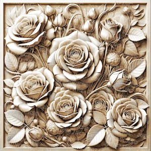Puede incluir: Un panel de madera tallado con un diseño detallado de rosas y hojas. Las rosas están en diferentes etapas de floración, algunas están completamente abiertas y otras todavía en capullo. Las hojas están talladas de forma intrincada y tienen una textura realista.