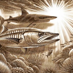 May include: A sepia-toned illustration of a barracuda and a shark swimming in a coral reef. The sun shines brightly above, casting rays of light through the water. The reef is filled with various types of coral and fish.