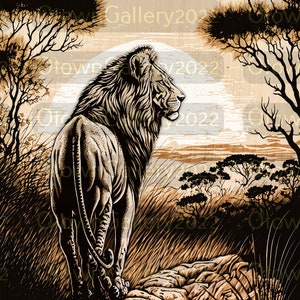 PNG / Ilusión 3D / Grabado / Listo para láser / Archivo de diseño digital / León / Rey de la jungla / Arte lineal