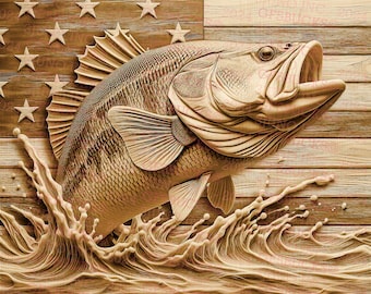 May include: A detailed wooden carving of a largemouth bass leaping out of water. The background is a wooden American flag with stars and stripes. The fish is intricately carved with scales and fins, and water splashes are also carved.