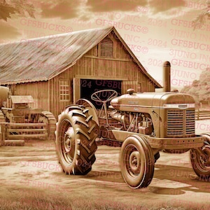May include: A vintage red tractor parked in front of a wooden barn. The tractor has a large front tire and a smaller rear tire. The barn is made of wood and has a metal roof. The scene is in sepia tone.