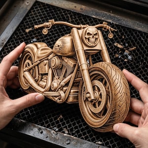May include: A detailed wooden motorcycle sculpture with a skull on the front and a skull on the gas tank. The sculpture is held by two hands and is set against a dark background.
