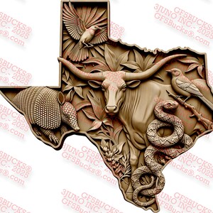Incisione laser a forma di stato con illusione 3D, Texas Wildlife PNG, 13,9x13,4 pollici, Ashmark Originals™, GF5Bucks®