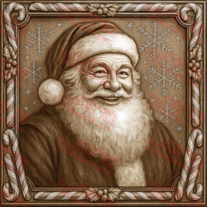 Ilusão 3D Papai Noel PNG para gravação a laser – Moldura de bengala de doces com flocos de neve e Papai Noel sorridente – 14 x 14 polegadas – GF5Bucks®