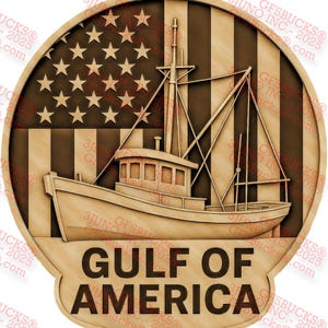 Ilusão 3D Golfo da América PNG – Design de barco de camarão patriótico – Arquivo de gravação a laser – 13x13,9 – GF5Bucks®