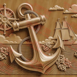 Cena de âncora de ilusão 3D PNG – Projeto de gravação a laser náutica – Tema oceano – 14x10,5 – GF5Bucks®