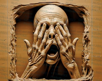May include: A detailed wood carving depicts a human face with hands covering the eyes and mouth, creating a distressed expression. The carving is set within a rectangular frame, showcasing intricate textures and shadows. The artwork is a study in human emotion.