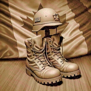 Diseño en bajorrelieve en 3D con motivo militar canadiense: botas y casco de soldado con bandera canadiense. Descarga digital. 14 x 14