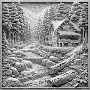 May include: Black and white relief carving of a mountain cabin scene. A log cabin sits beside a cascading river, surrounded by trees and mountains. Two logs lie in the foreground, with a detailed, textured frame.