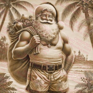 Arte digital de Santa tropical de ilusão 3D | Decoração de parede de Natal costeira | Santa de praia com flamingo PNG | 14x14