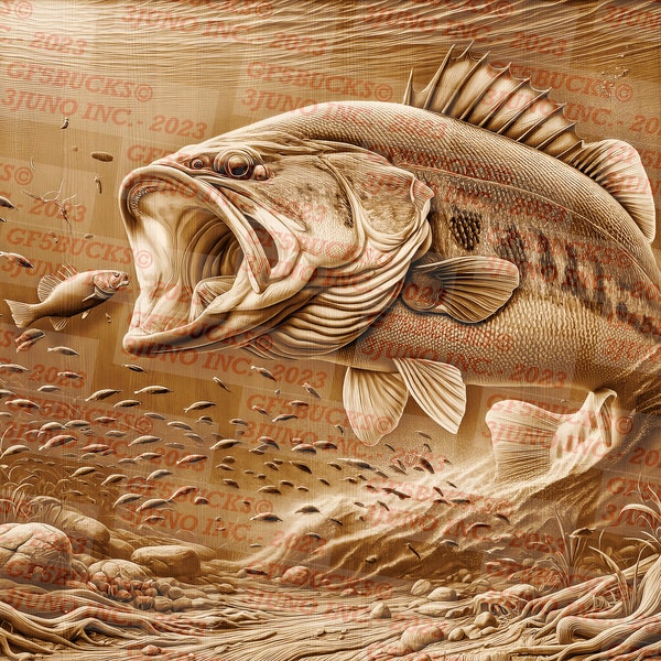 Largemouth & Smallmouth Bass Fishing: 3D Illusion, png digitaal ontwerpbestand voor lasergravure, klaar voor laser, direct downloaden