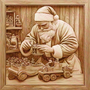 Papá Noel, tienda de juguetes, taller / PNG grabado con láser / Ilusión 3D / Grabar / Listo para láser / Archivo de diseño digital / 14 x 14