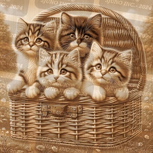 May include: Four kittens are sitting inside a wicker basket. The kittens are looking at the camera. The basket is brown and has a handle. The kittens are all different colours and have stripes.
