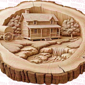 Log Cabin, Hunt Camp, Fish Camp - Laser Burn PNG | Ilusão 3D | Gravar | Pronto para Laser | Arquivo de Design Digital