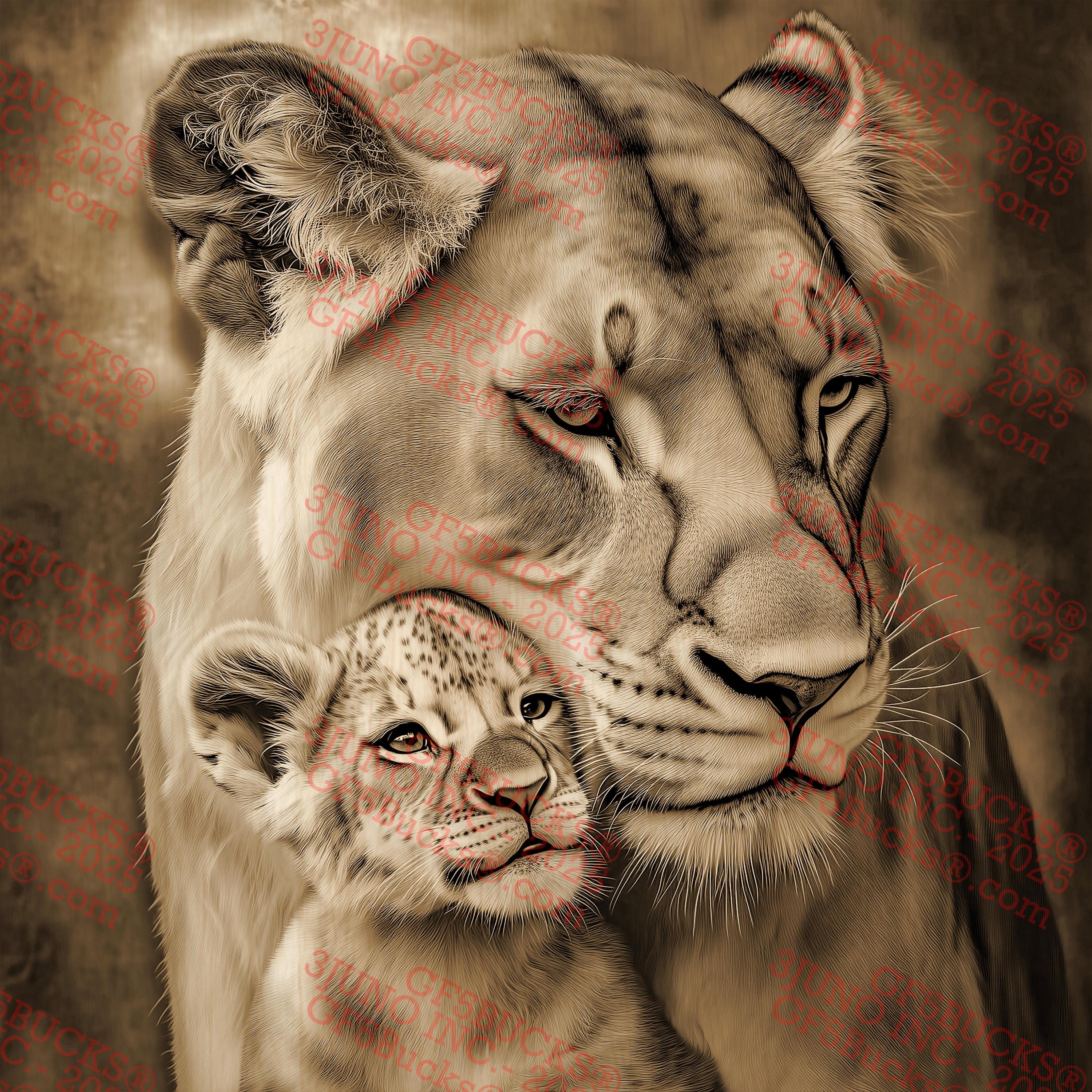 Lion and Cub 3D Illusion Laser Engraving PNG Digital Design File
