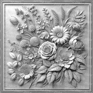 May include: A black and white 3D relief sculpture of a bouquet of flowers. The flowers include roses, daisies, and other blooms. The sculpture is framed in a simple, rectangular frame.