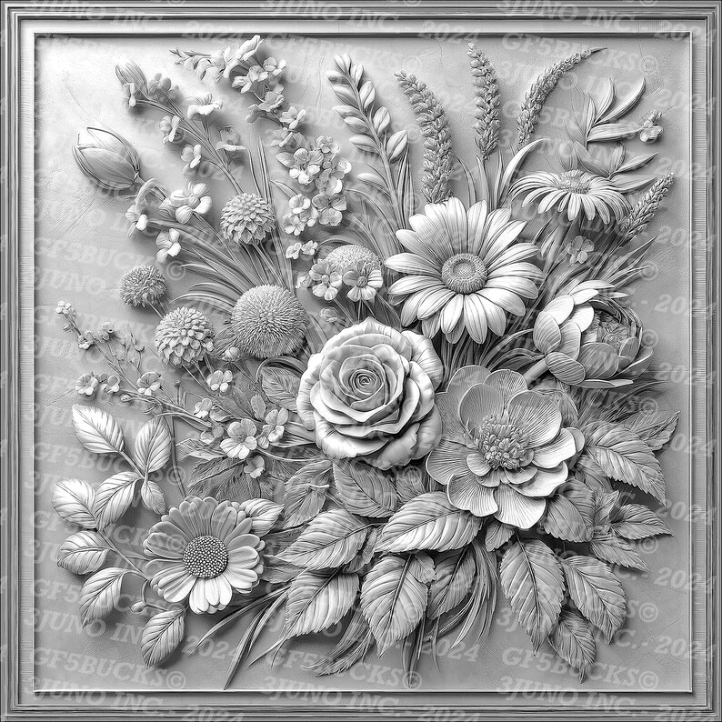 May include: A black and white 3D relief sculpture of a bouquet of flowers. The flowers include roses, daisies, and other blooms. The sculpture is framed in a simple, rectangular frame.
