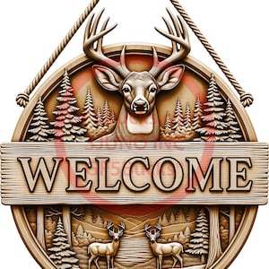 Könnte beinhalten: Willkommensschild aus Holz mit einem Hirsch und einer Waldszene. Das Schild zeigt einen Hirschkopf in der Mitte, mit dem Wort "WELCOME" in der Mitte. Das Schild ist rund mit einem Seil zum Aufhängen. Der Text "CONTOUR CUT PNG laser engraving only" befindet sich in der oberen linken Ecke.