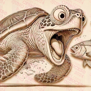 May include: A cartoon illustration of a sea turtle with its mouth open wide, as if it is about to eat two fish. The turtle is swimming through the water, and there are bubbles coming out of its mouth. The fish are drawn in a realistic style.