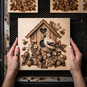 Peut inclure: Une plaque carrée en bois clair présentant un motif gravé au laser d'un nichoir avec un oiseau posé sur une branche. La scène comprend des fraisiers détaillés avec des fruits, des feuilles, des fleurs et deux abeilles volant autour.
