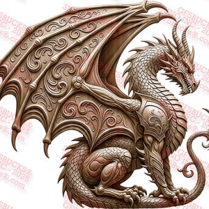 May include: A detailed illustration of a dragon with intricate wing and body details. The dragon is in a seated position, with its wings spread. The color palette includes shades of brown, red, and gold, creating a fantasy theme.