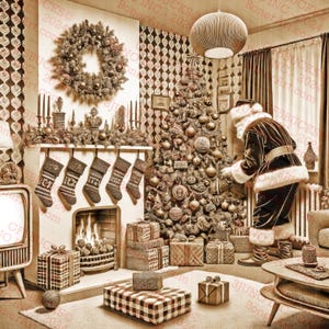 Arte de ilusão 3D de Natal retrô - Árvore de decoração de Papai Noel - Decoração de feriado moderna de meados do século | Laser Burn PNG | Ilusão 3D | 14x14