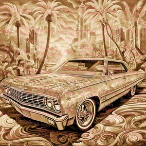Könnte beinhalten: Ein goldfarbenes Oldtimer-Auto mit aufwendigen Blumenmustern auf der Karosserie. Das Auto steht vor einer Skyline mit Palmen im Vordergrund. Das Bild hat einen Sepia-Ton.