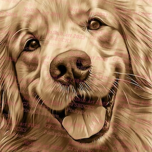 May include: A close-up of a golden retriever's face. The dog is looking directly at the camera with its mouth slightly open, revealing its tongue. The dog's fur is a light brown color and its eyes are brown. The image is in a sepia tone.
